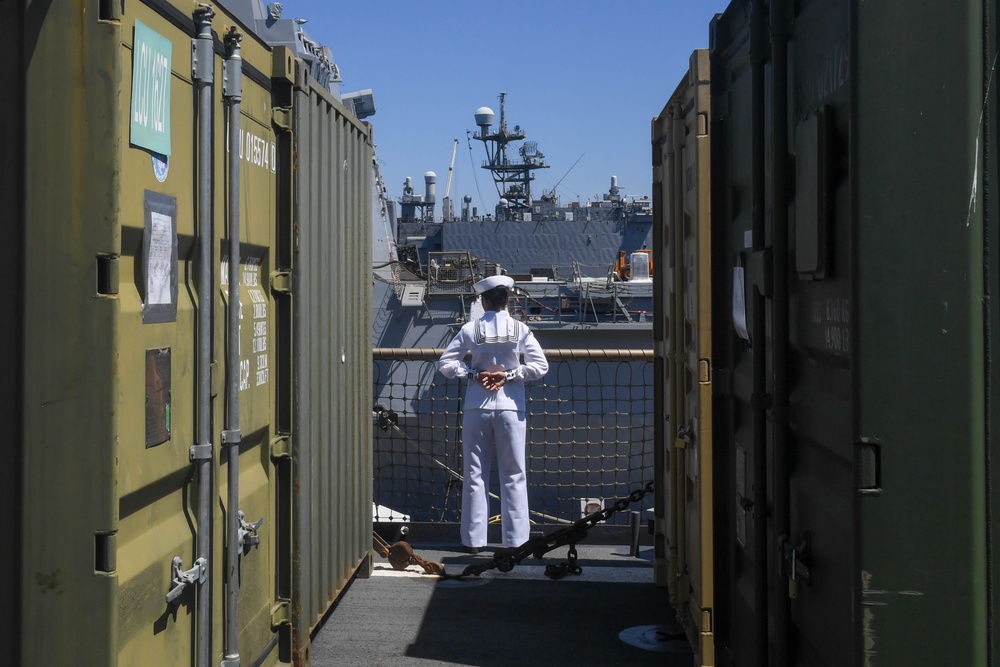 USS PEARL HARBOR (LSD 52) Sailors man the rails as the ship departs for Pacific Partnership 2025