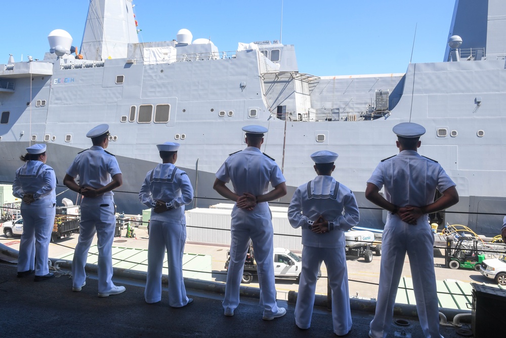 USS PEARL HARBOR (LSD 52) Sailors man the rails as the ship departs for Pacific Partnership 2025
