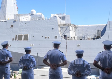 USS PEARL HARBOR (LSD 52) Sailors man the rails as the ship departs for Pacific Partnership 2025