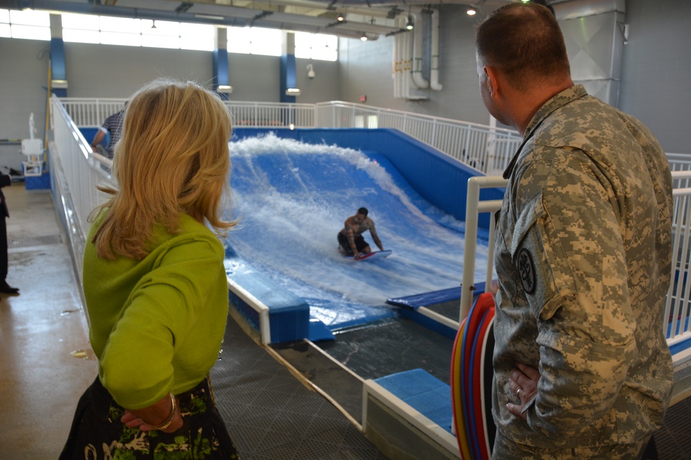 Army Staff Sgt. Perez Demonstrates Boogie Boarding for Dr. Jill Biden at Brooke Army Medical Center