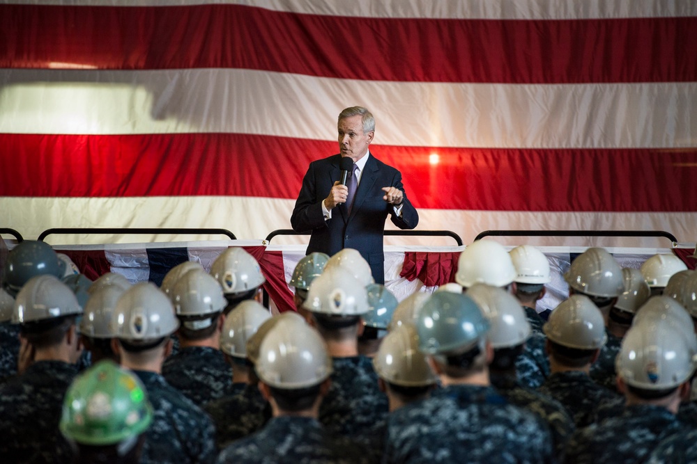 Navy Secretary Visits Submarine Shipyard, Addresses Sailors