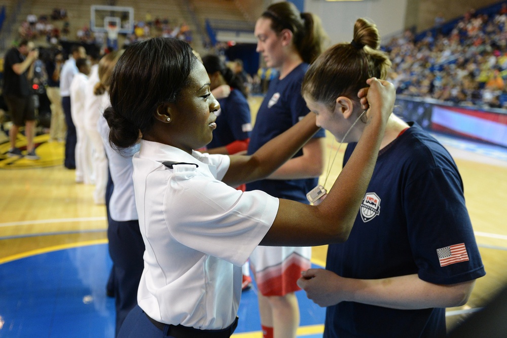 U.S. Women's Basketball Team Honored by Military at Exhibition Game