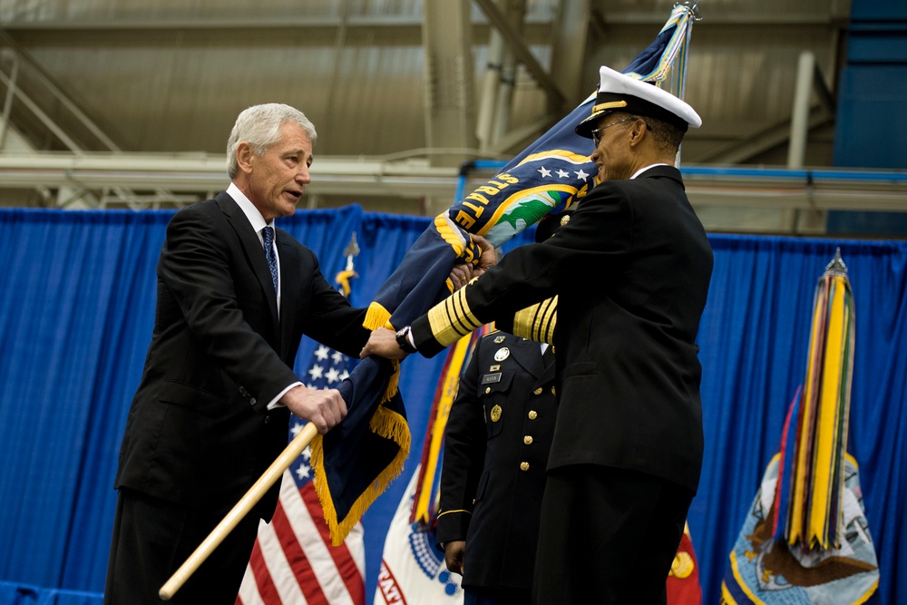 Hagel Passes Strategic Command Flag to Adm. Haney in Change of Command Ceremony