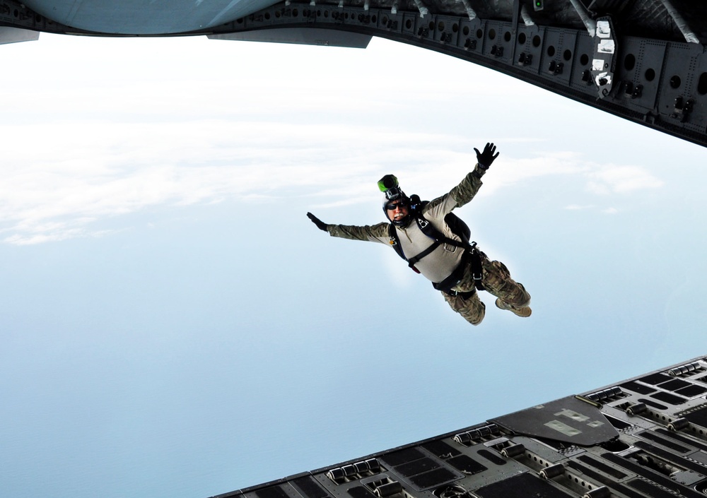 Air Force Chief Master Sgt. Freefalls from C-17 in High-Altitude Jump