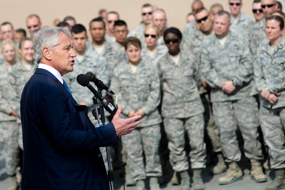 Hagel Visits Troops at Al Udeid Air Base in Qatar