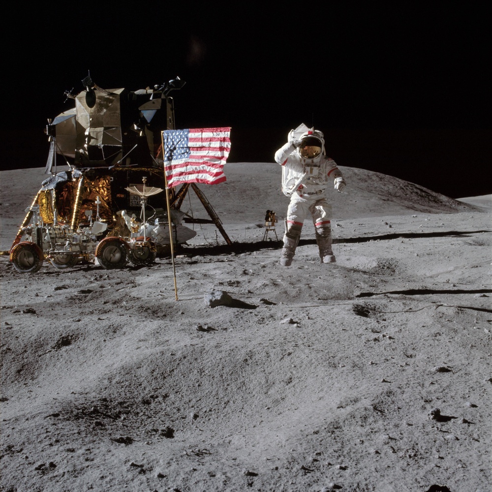 Astronaut John Young Salutes U.S. Flag on Lunar Surface During Apollo 16 Mission