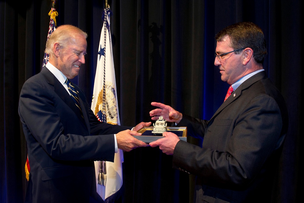Biden Receives Model of Mine-Resistant Vehicle from Deputy Defense Secretary Carter