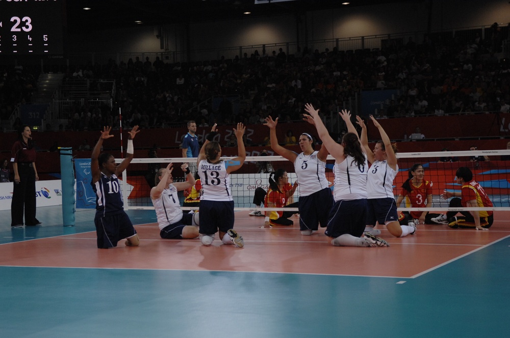 U.S. Women's Sitting Volleyball Team Celebrates Point Against China at 2012 Paralympics