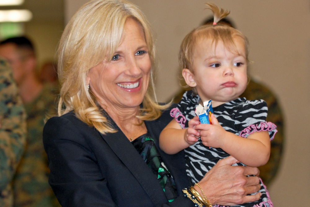 Dr. Jill Biden Comforts Gold Star Wife's Daughter During Visit to Marine Unit