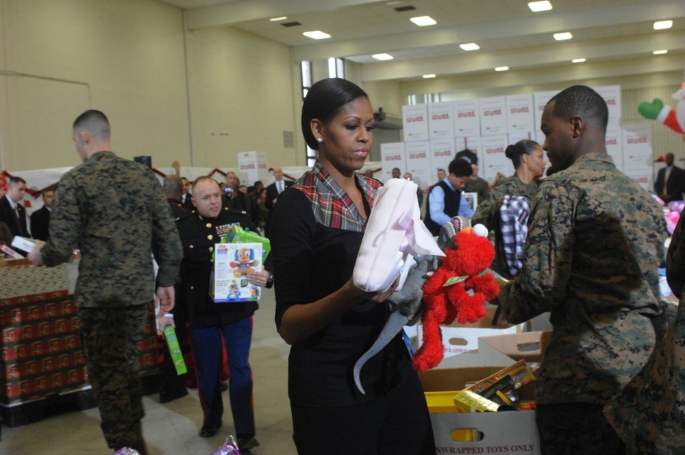 First Lady Michelle Obama Helps Marines Sort Toys for Tots at Joint Base Anacostia-Bolling