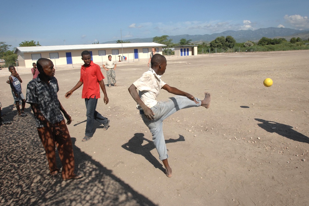 Haitian Children Play Soccer at New School Built by U.S. Troops