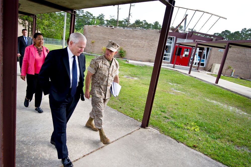 Gates Surveys Tornado Damage at Camp Lejeune Elementary School