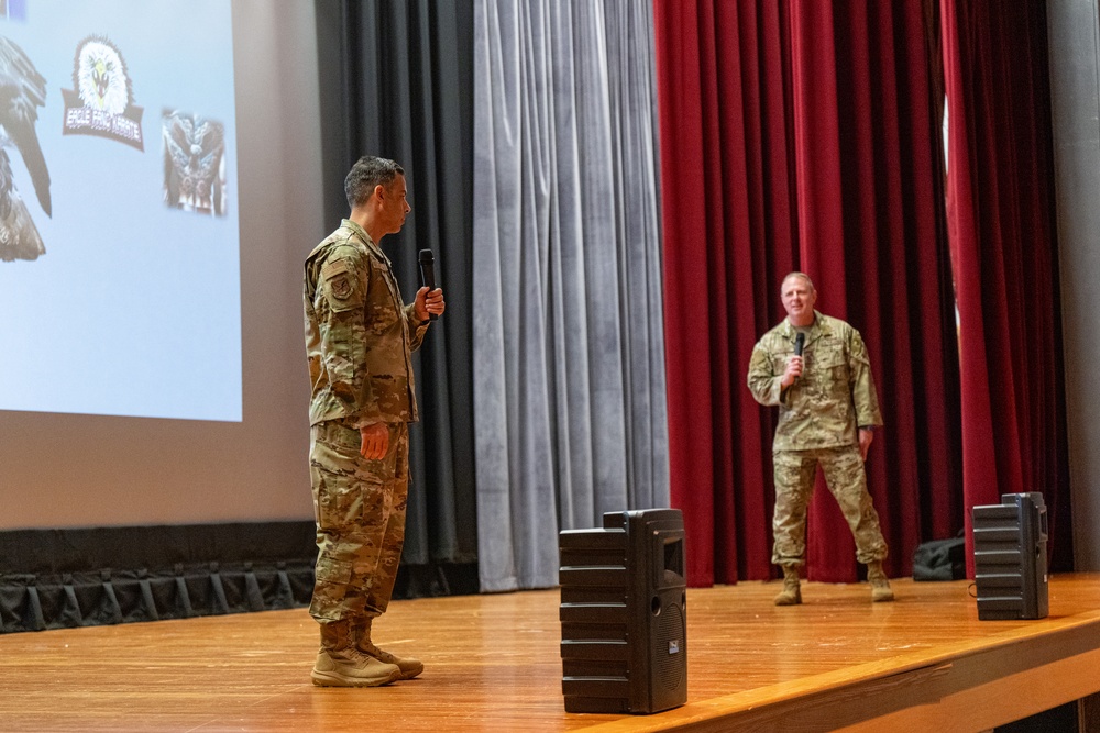436th AW leadership engage with Airmen during all-call