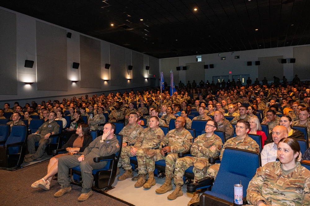 436th AW leadership engage with Airmen during all-call