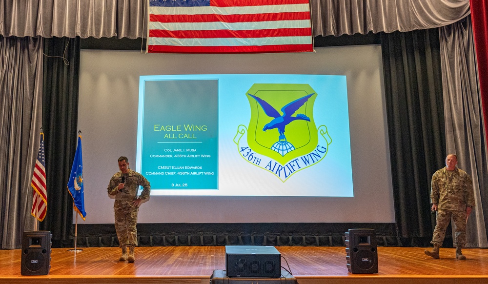 436th AW leadership engage with Airmen during all-call