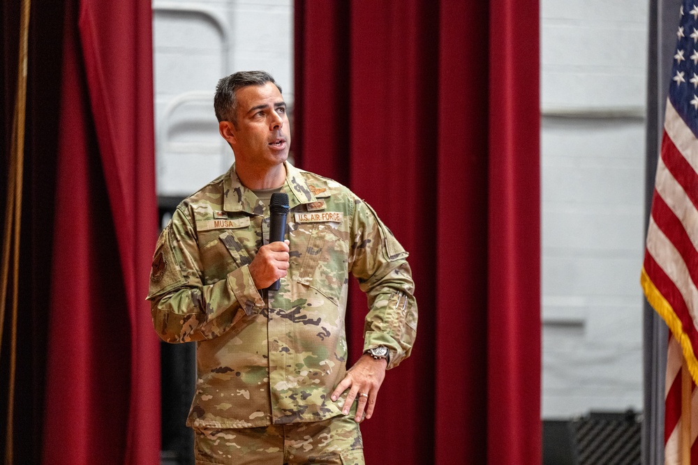 436th AW leadership engage with Airmen during all-call