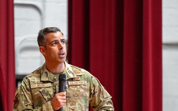 436th AW leadership engage with Airmen during all-call