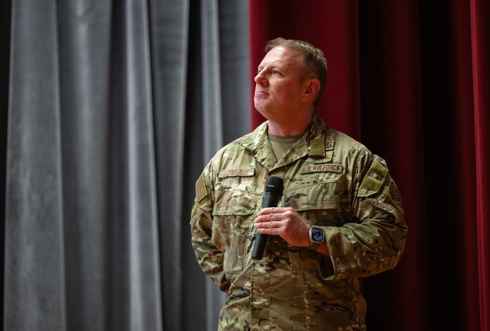 436th AW leadership engage with Airmen during all-call