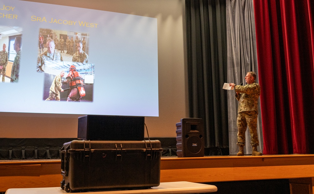436th AW leadership engage with Airmen during all-call