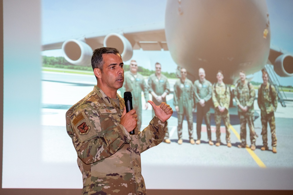 436th AW leadership engage with Airmen during all-call
