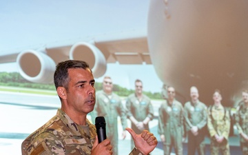 436th AW leadership engage with Airmen during all-call