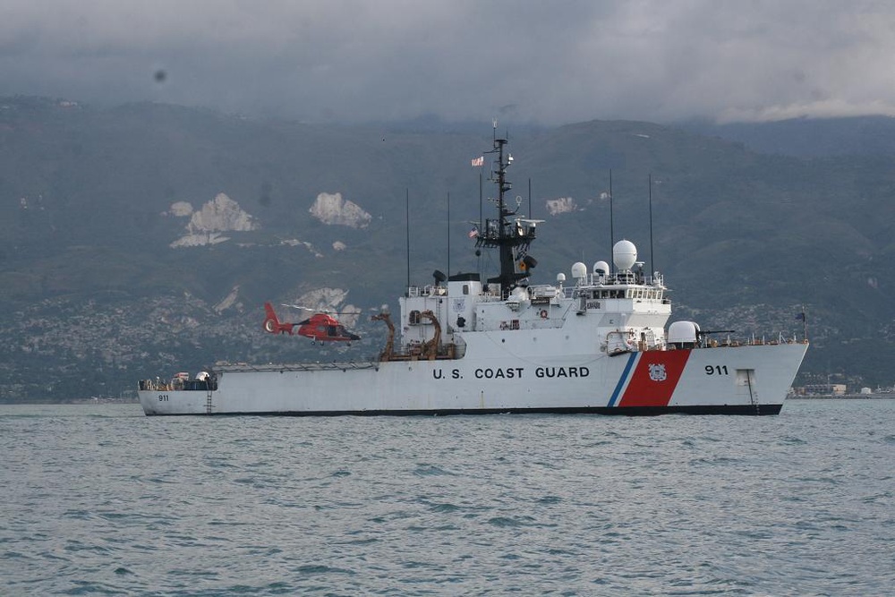 Coast Guard Helicopter Launches from Cutter to Aid Haiti After Earthquake