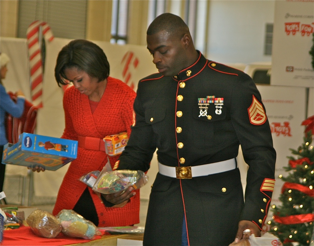 First Lady, Marine Corps Sergeant Sort Toys for Tots Program