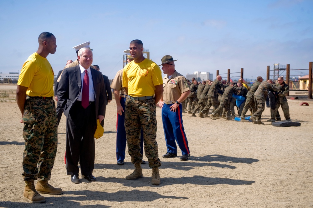 Defense Secretary Observes Marine Recruits at Training Depot