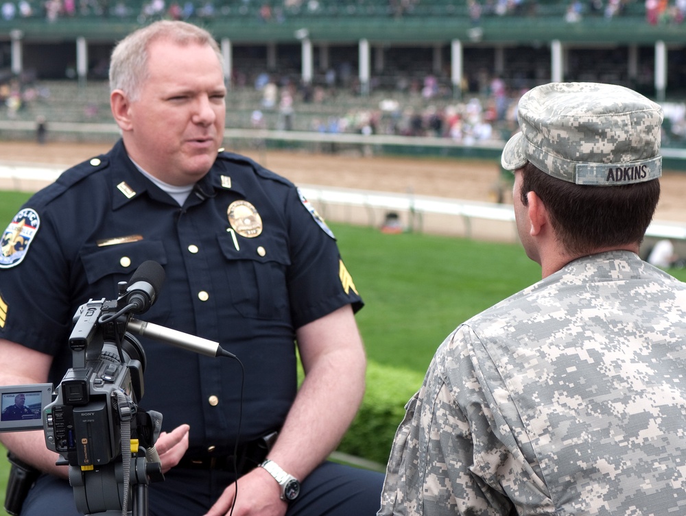 Kentucky National Guard Soldier Interviews Louisville Police Officer About Derby Security