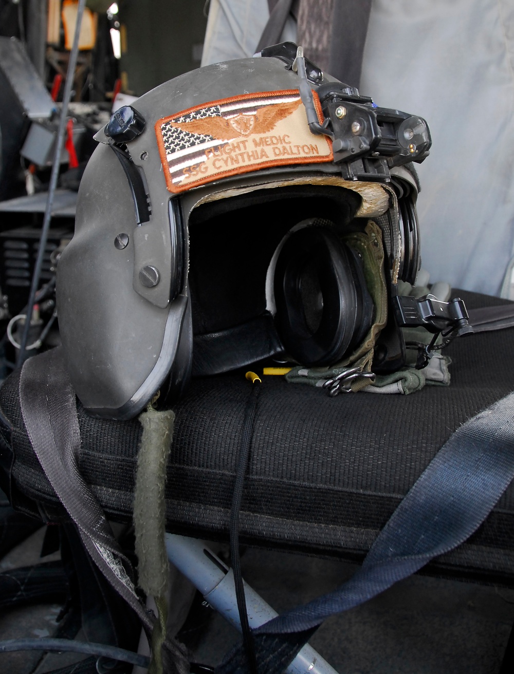 Army Flight Medic's Helmet Rests in Black Hawk Helicopter