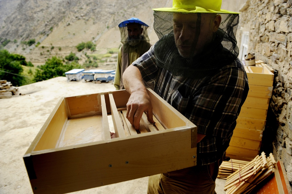 USDA Representative Inspects Beehive Feeder in Afghanistan