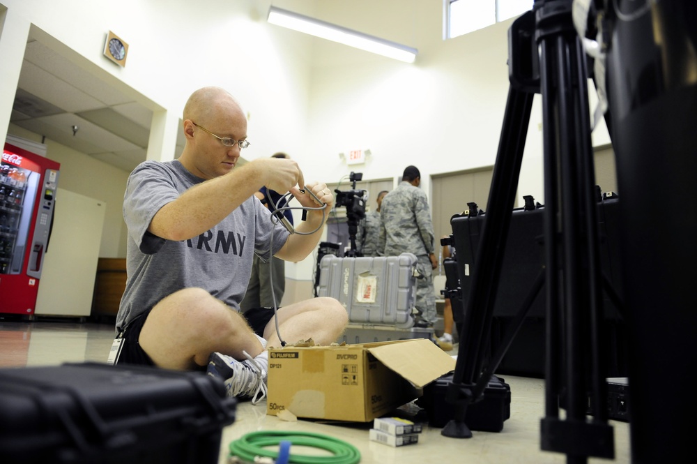 Soldier Prepares for Holiday Greetings Taping Overseas