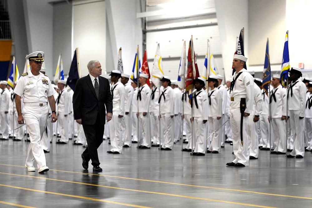 Navy Capt. and Defense Secretary Review Navy Bootcamp Graduates