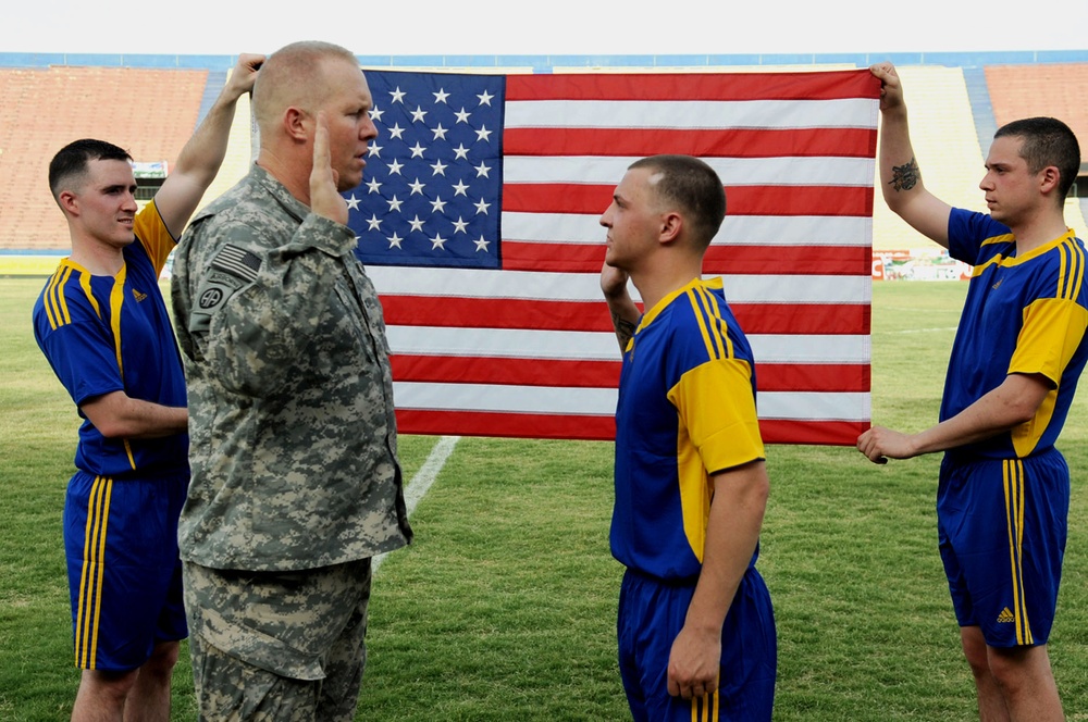 Army Soldier Reenlists at Soccer Match in Baghdad