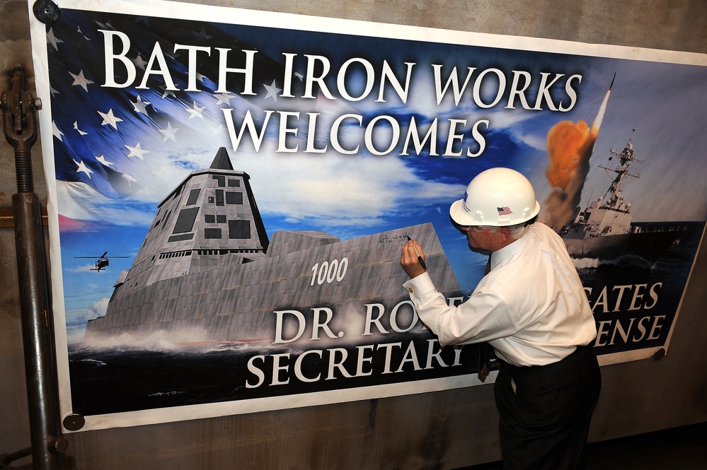 Gates Impressed by Bath Iron Works Shipbuilding Facility