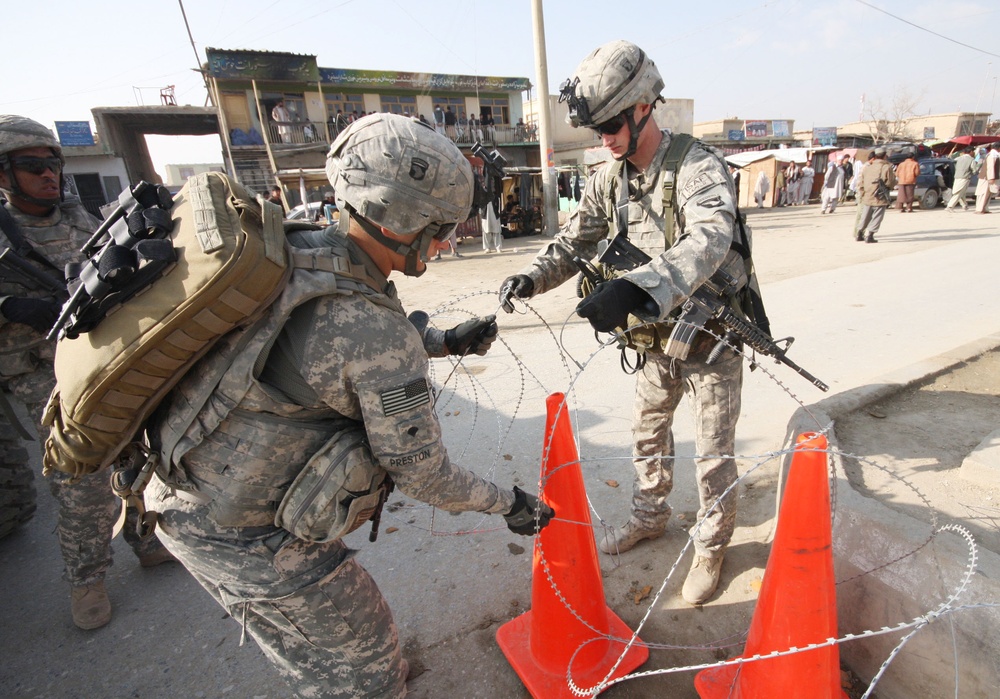 Army Soldiers Secure Checkpoint Outside Bagram Airfield in Afghanistan