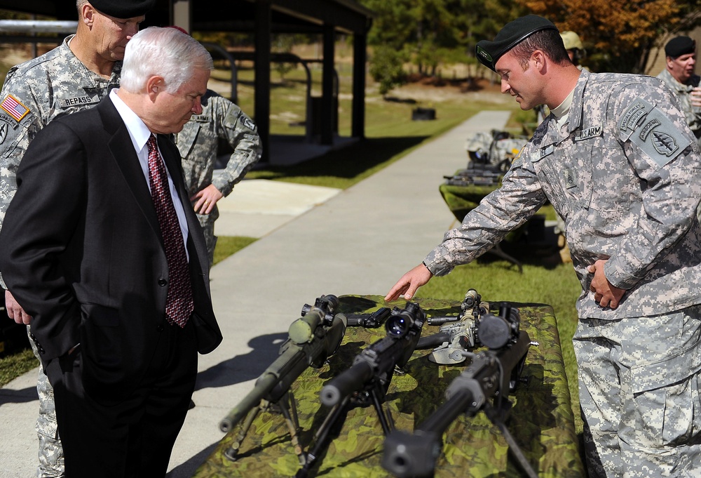 Defense Secretary Gates Receives Sniper Weapons Briefing at Fort Bragg