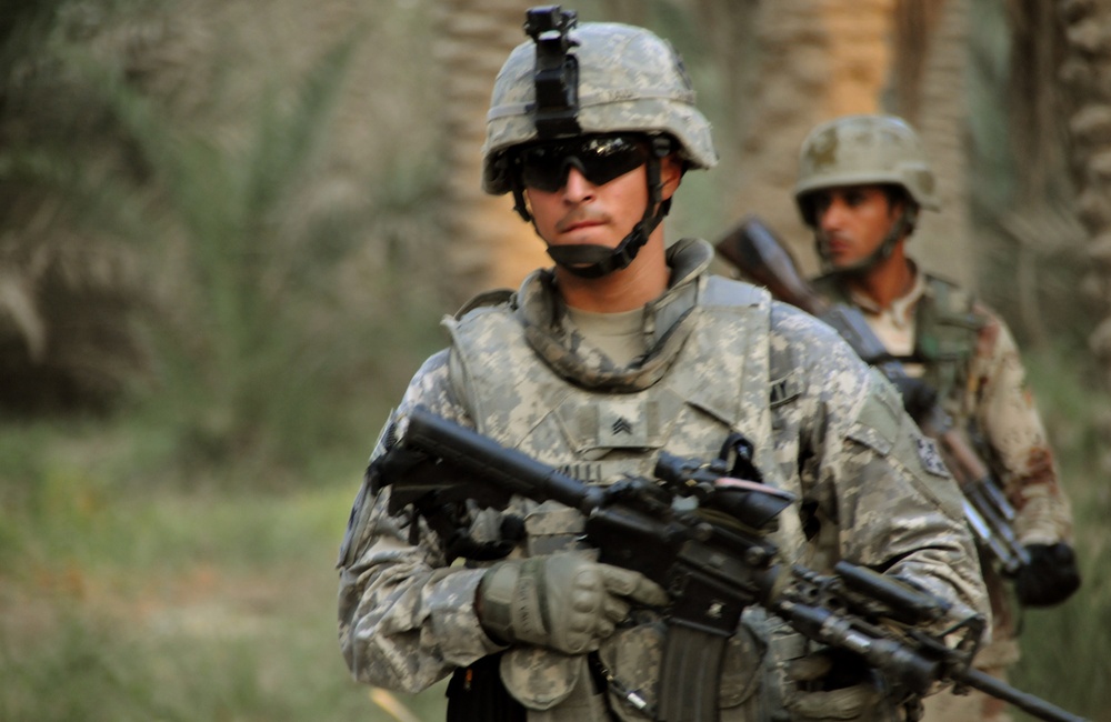 U.S. Army Sergeant Leads Iraqi Soldier on Patrol in Date Palm Grove