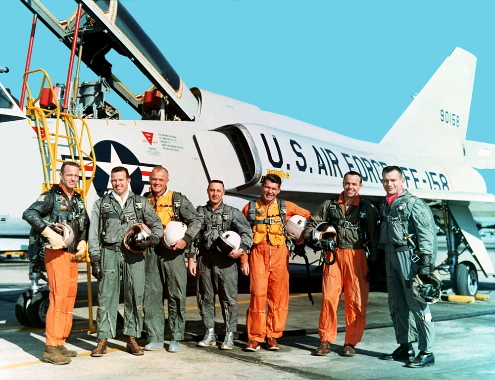 Original Mercury Astronauts Pose with Air Force Jet