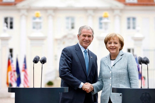 Bush, Merkel Meet in Germany, Discuss Shared Commitments