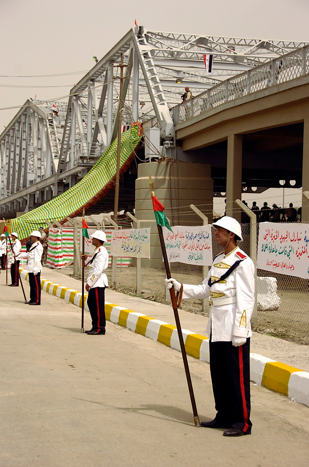 Iraqi Color Guard Stands Ready for Prime Minister at Sarafiyah Bridge Reopening