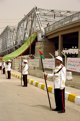 Iraqi Color Guard Stands Ready for Prime Minister at Sarafiyah Bridge Reopening