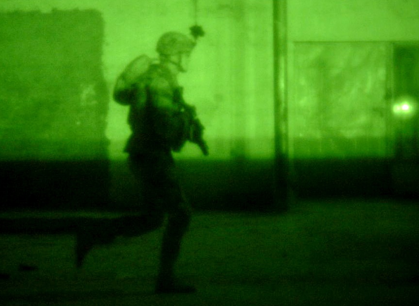 U.S. Army Cavalry Scout Rushes Toward House in Night Raid in Narhwan, Iraq