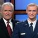 Jeopardy! Host Alex Trebek Poses with Air Force Capt. Timothy Bobinski on Game Show Set