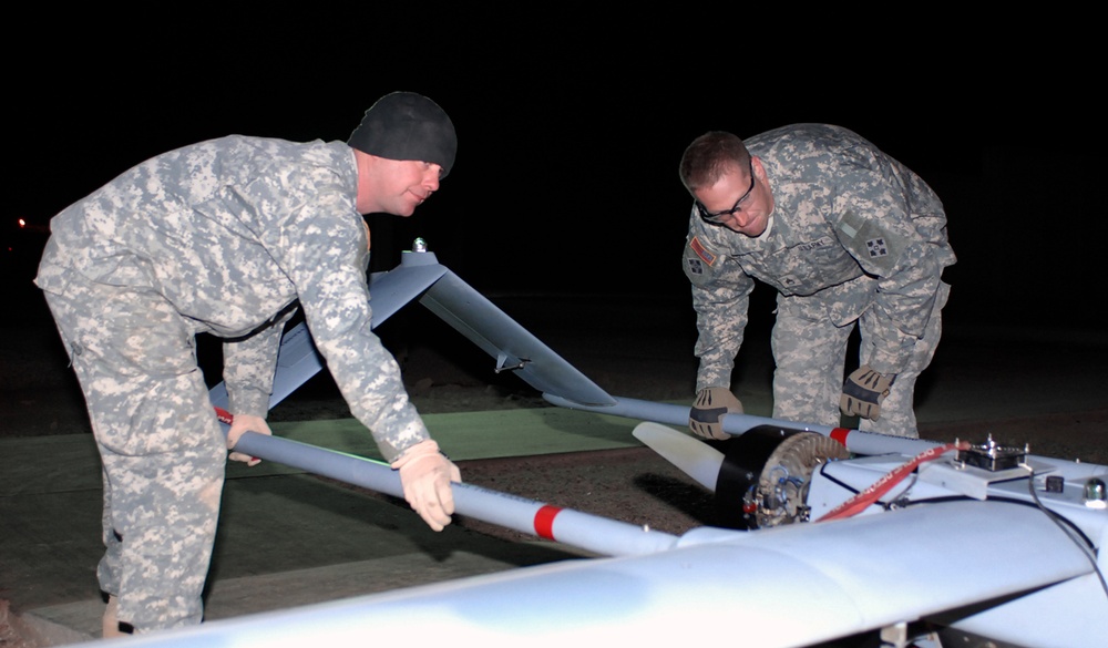 Army Mechanics Prepare Shadow 200 Drone for Launch in Iraq