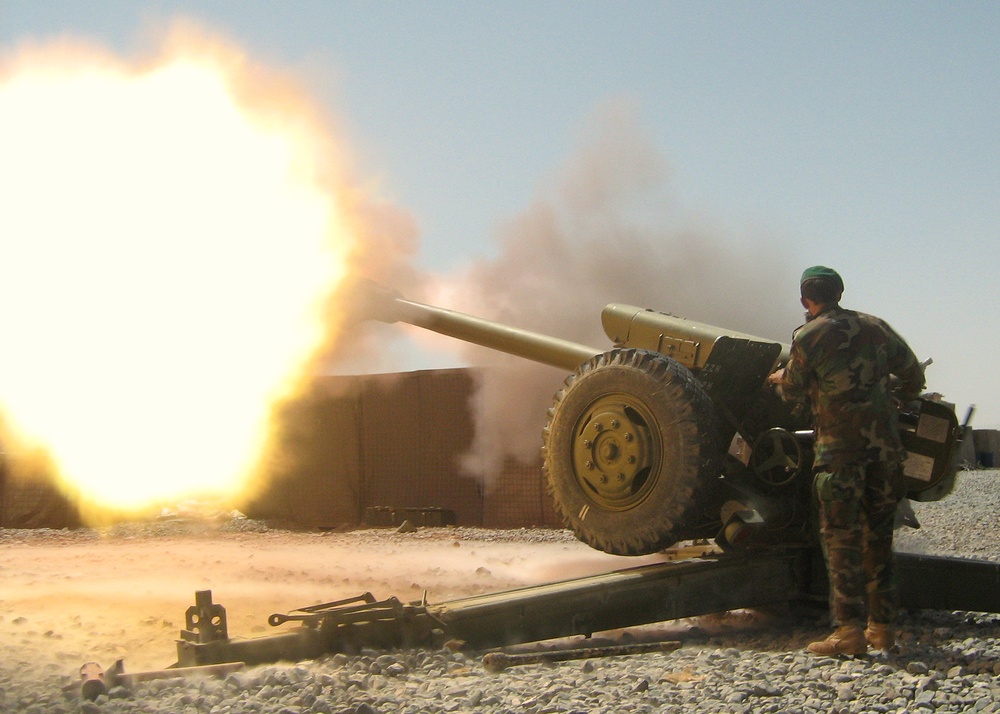 Afghan Artilleryman Fires D-30 Howitzer in Zabul Province