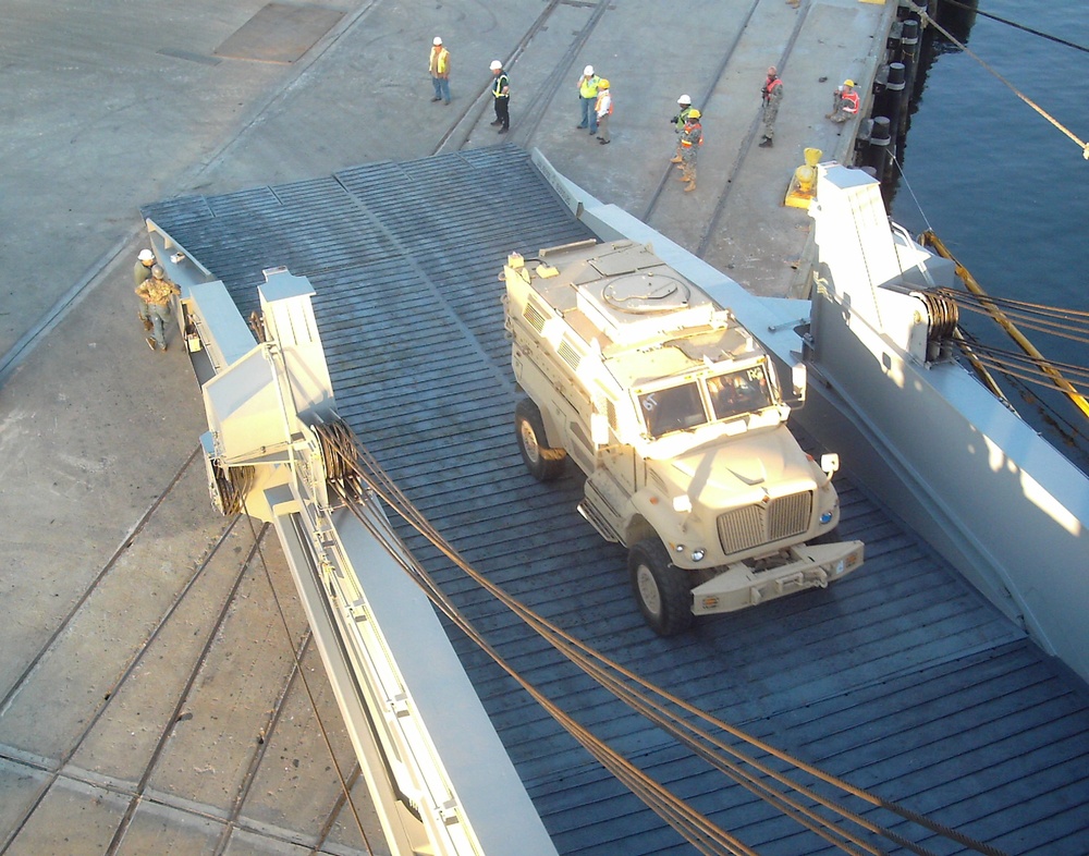 Mine-Resistant Vehicle Loaded Onto Military Sealift Ship in Charleston