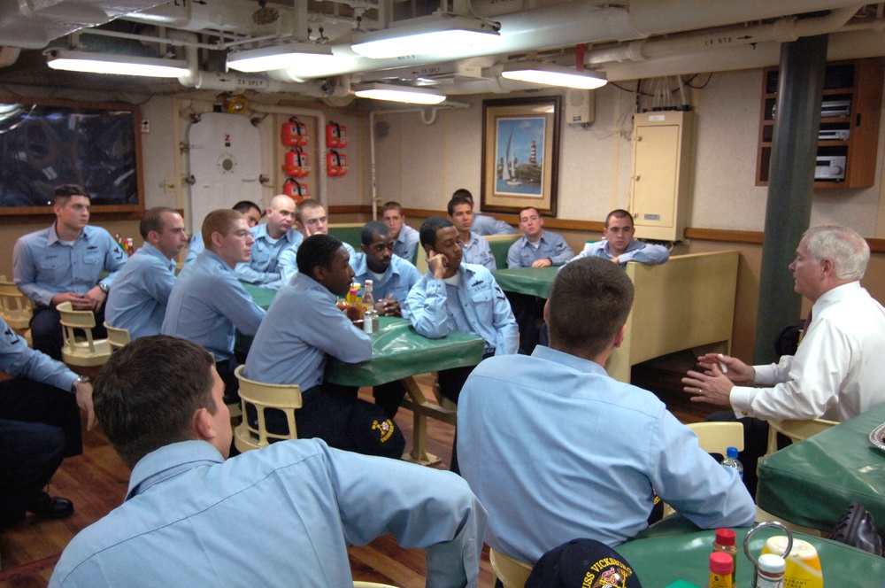 Defense Secretary Gates Visits Sailors Aboard USS Vicksburg in Bahrain