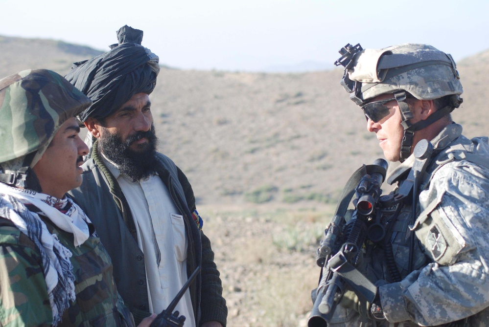 U.S. Soldier Questioning Afghan Man During Security Patrol in Afghanistan