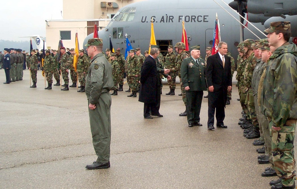 Bush, Rumsfeld Review West Virginia National Guard Troops